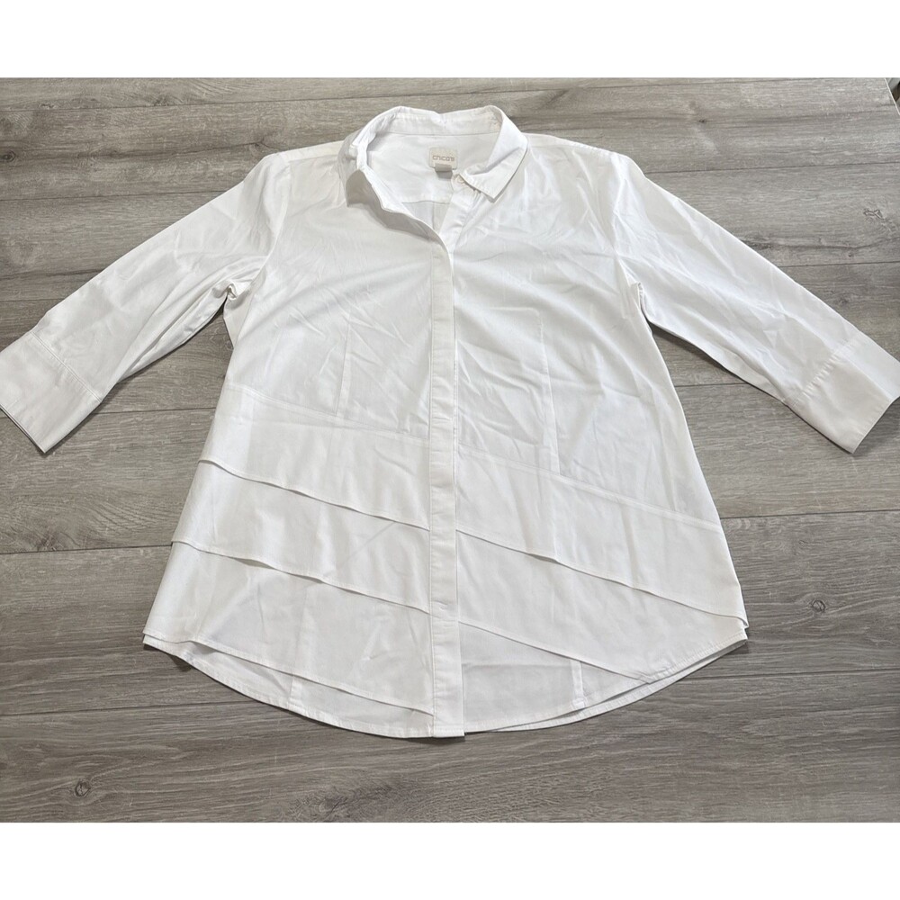 Chico's Collared Button Down 3/4 Sleeve Tiered Bottom White Blouse Women Size 1